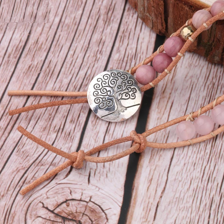 Natural Stone Bracelet Quartz Leather Wrap Bracelets For Women Rose Gems Beads Jewelry 5 Strand