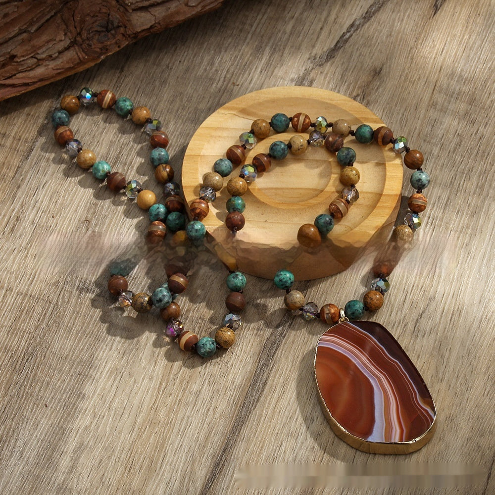 Bohemian Jewelry 8mm Natural Stone Glass Knotted Necklace Irregular Striped Agate Hanging