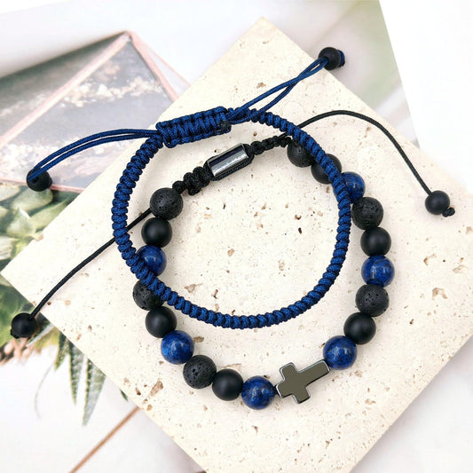 Hand-woven Cross Lapis Lazuli Black Matte Volcanic Stone Beaded Bracelet Set