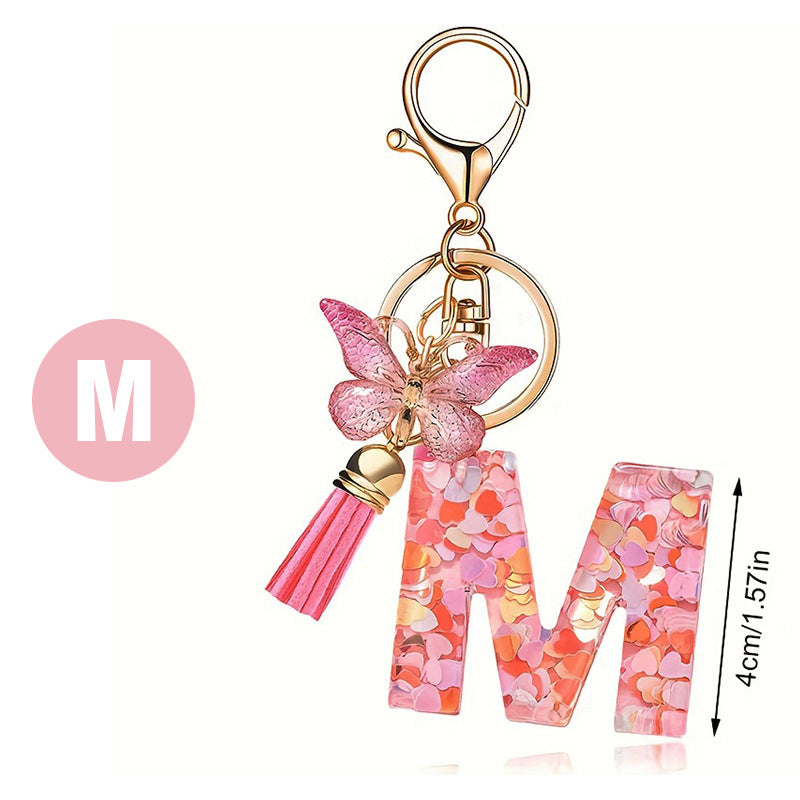 Fashion Letter Love Heart Sequins Butterfly Tassel Keychain