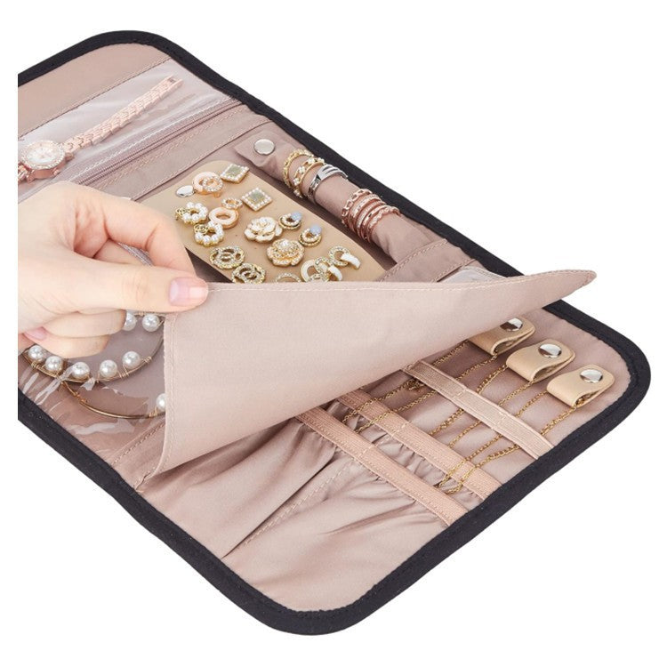 Portable Jewelry Travel Organizer - Folding Storage Bag for Necklaces, Earrings & Rings, Portable Jewelry Roll with Compartments for Women, Compact Jewelry Travel Case (Black/Pink)