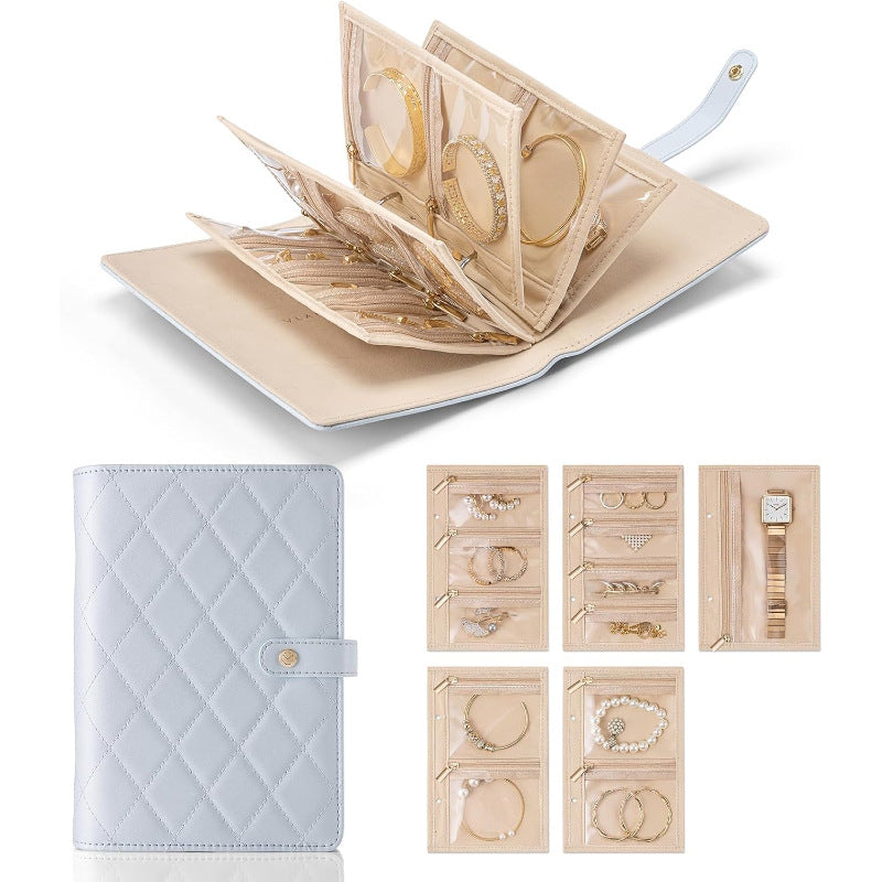 Foldable Jewelry Travel Bag - Compact Jewelry Storage Organizer - Foldable Jewelry Storage Case for Necklaces, Earrings & Rings, Portable PU Leather Jewelry Travel Case with Tangle-Free Compartments