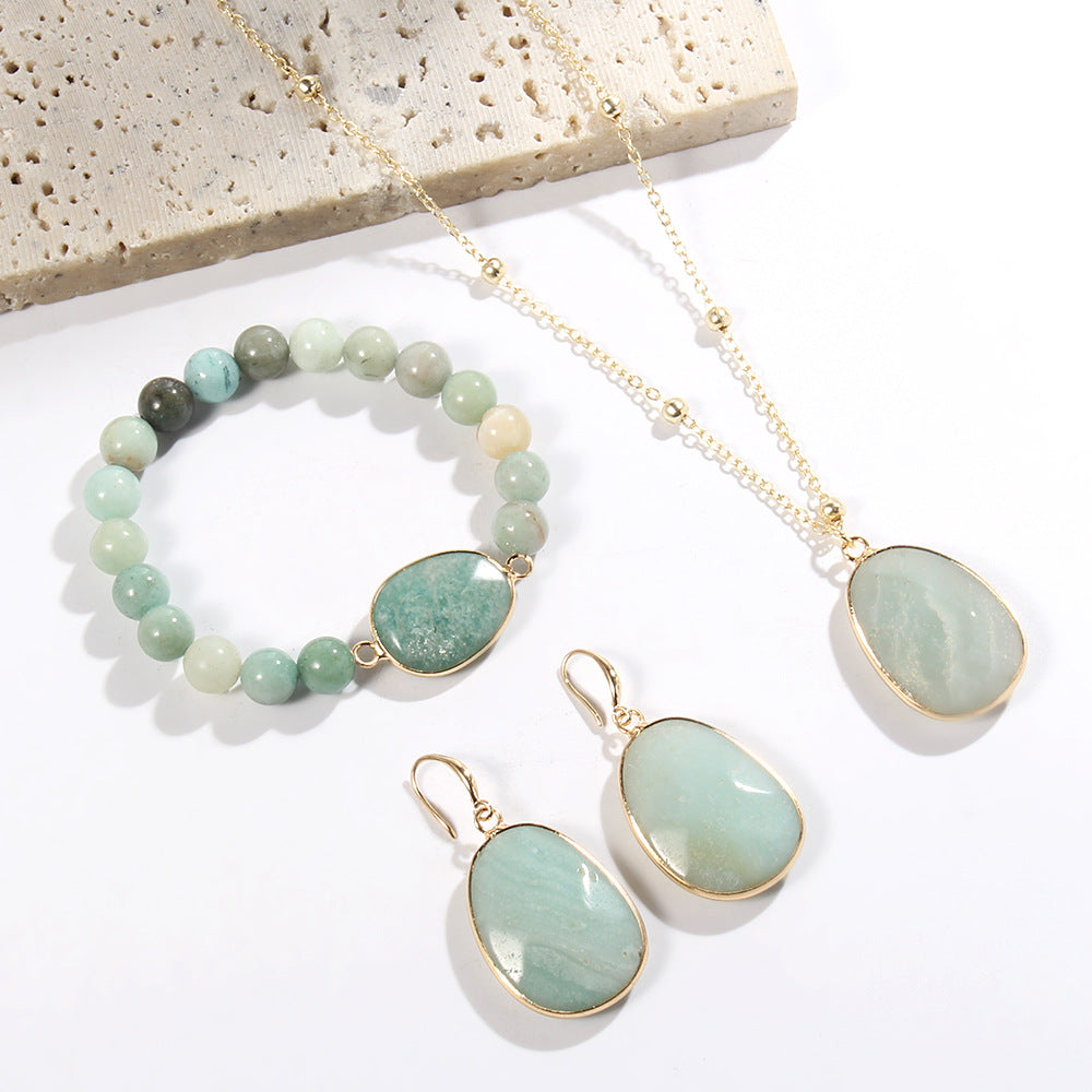 Gold Chain Necklace Natural Stone Bracelet Earrings Women's Jewelry Set