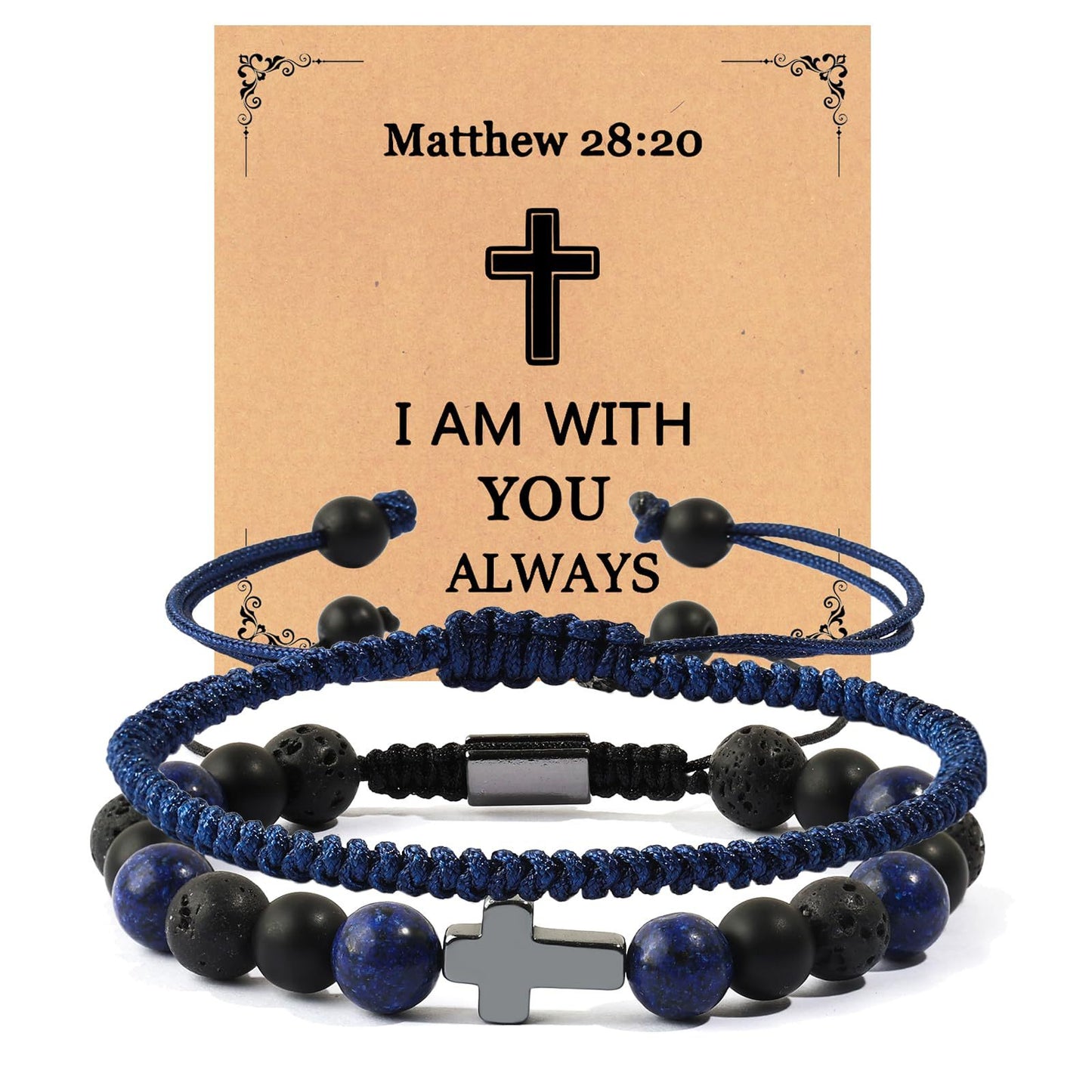 Hand-woven Cross Lapis Lazuli Black Matte Volcanic Stone Beaded Bracelet Set