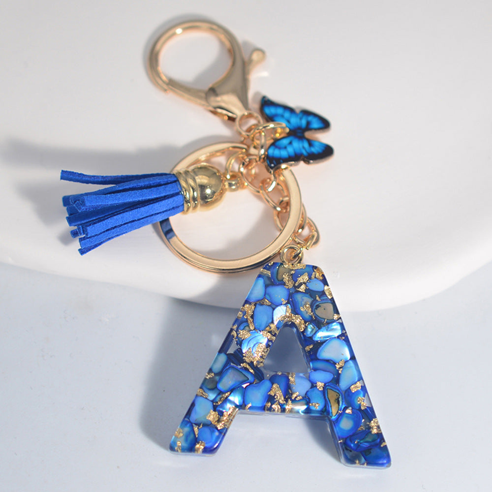 New Resin Blue Stone Letter Butterfly Tassel Letter Key Chain
