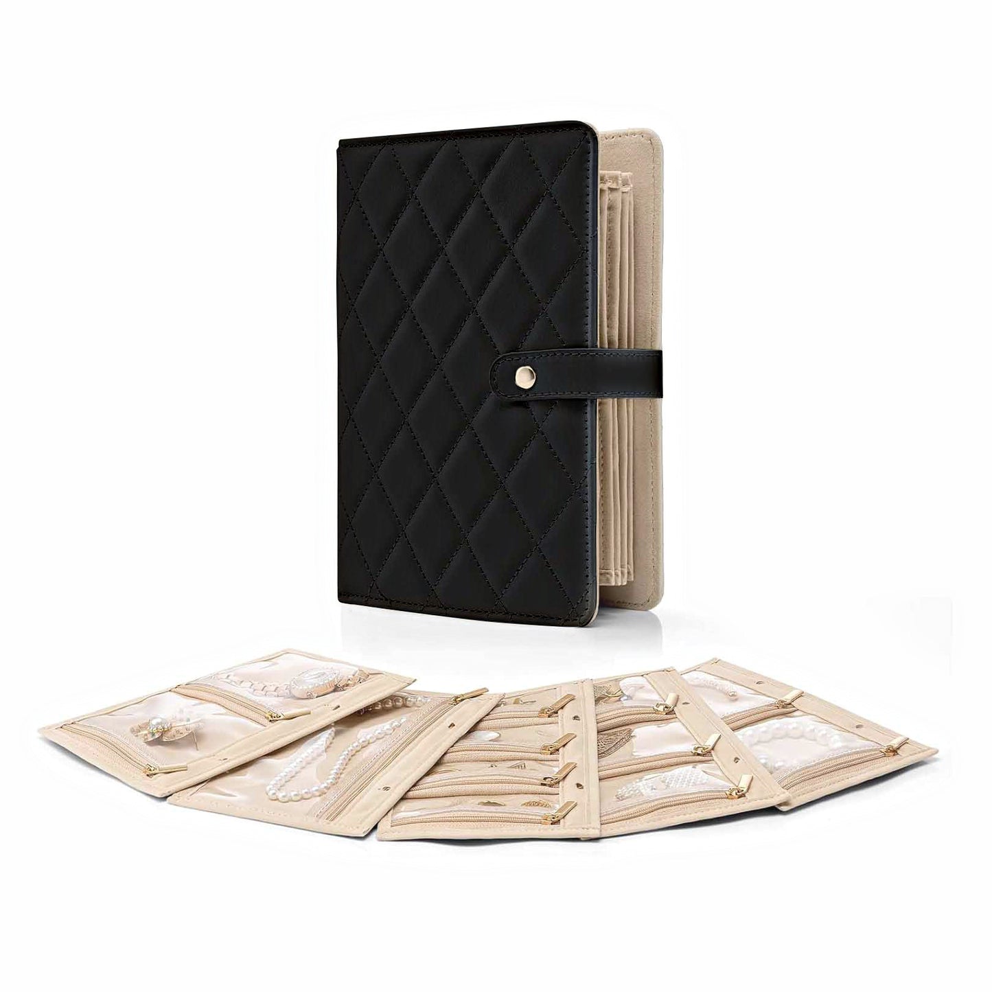 Foldable Jewelry Travel Bag - Compact Jewelry Storage Organizer - Foldable Jewelry Storage Case for Necklaces, Earrings & Rings, Portable PU Leather Jewelry Travel Case with Tangle-Free Compartments