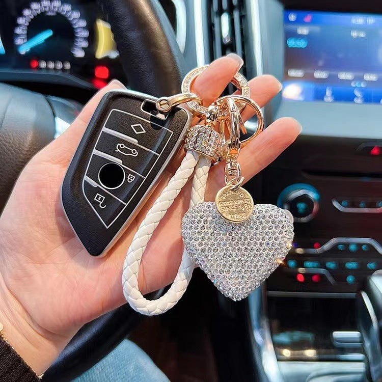 Clay Diamond Fully Jeweled Loving Heart Key Chain Diamond Leather Rope