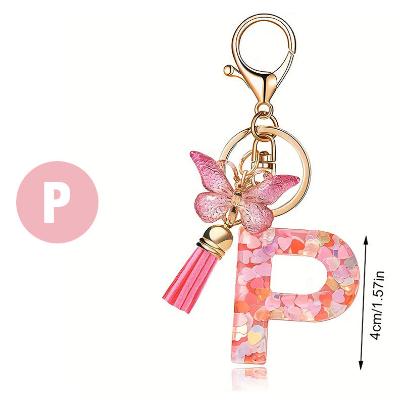 Fashion Letter Love Heart Sequins Butterfly Tassel Keychain