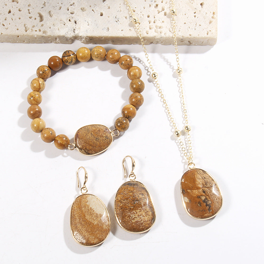 Gold Chain Necklace Natural Stone Bracelet Earrings Women's Jewelry Set
