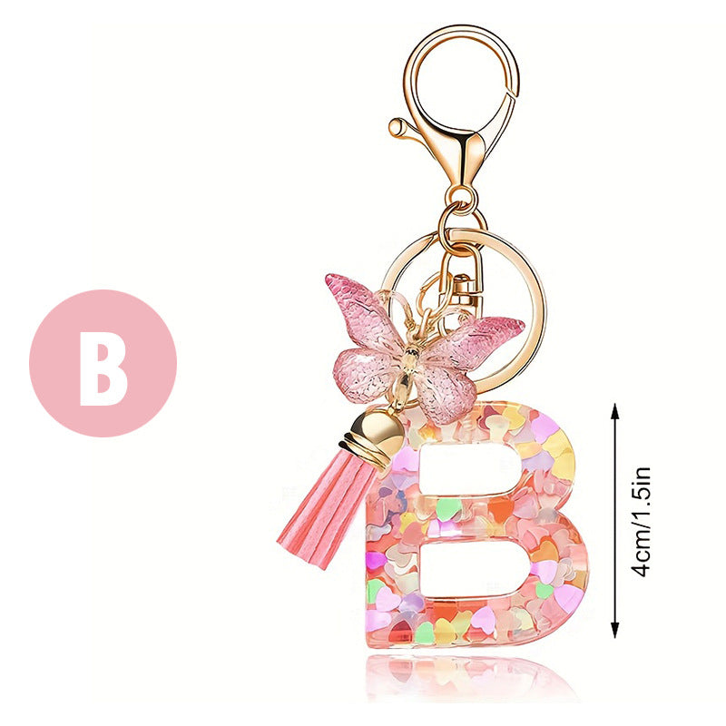 Fashion Letter Love Heart Sequins Butterfly Tassel Keychain