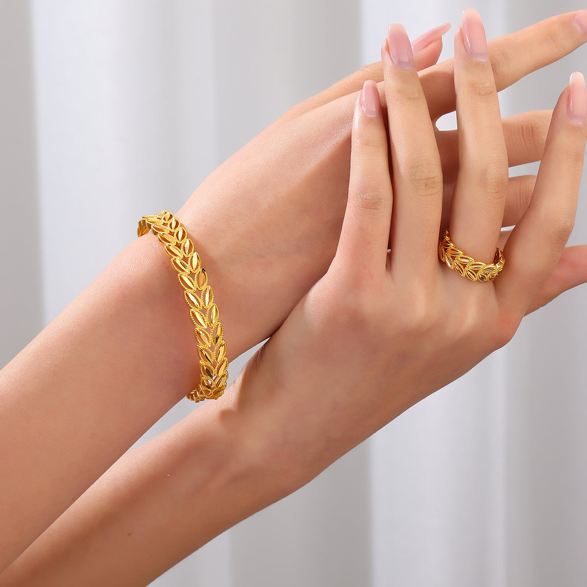 Gold Plated Wheat Ear Leaves Bracelet and Ring