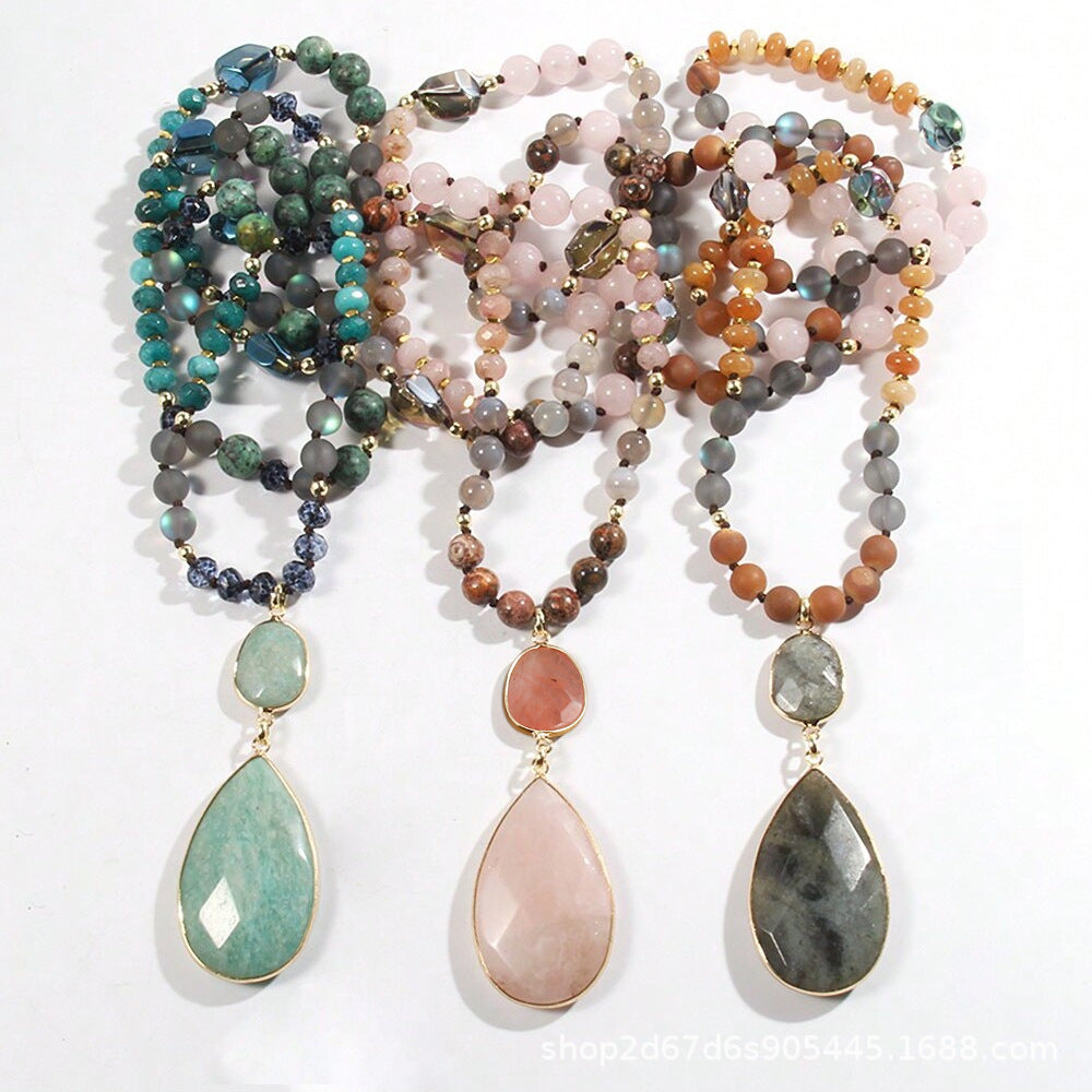 Women's Jewelry Glass Knotted Necklace Natural Stone Pendant Necklace Sweater Chain