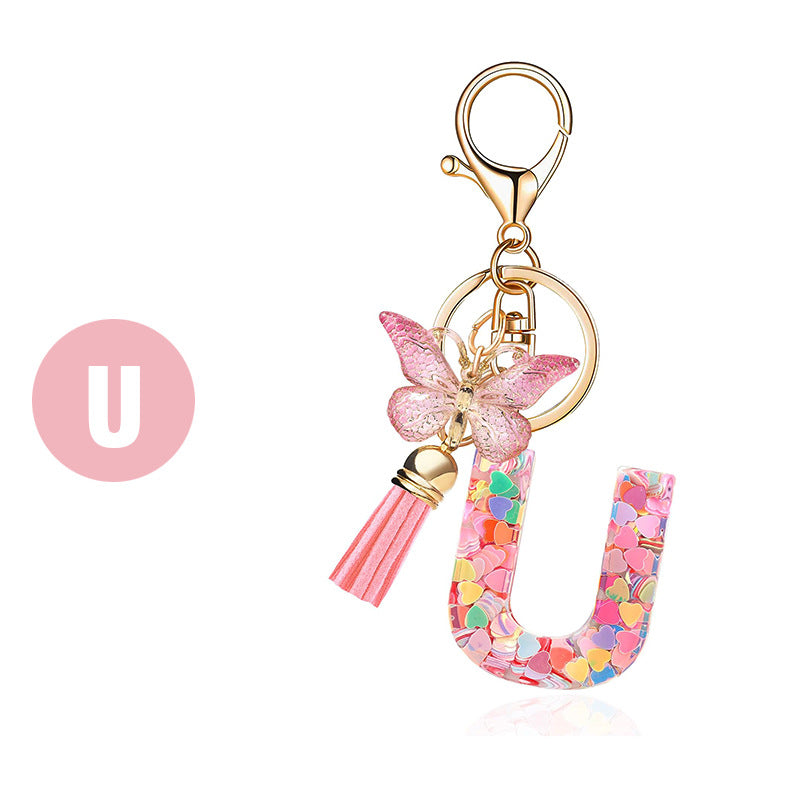 Fashion Letter Love Heart Sequins Butterfly Tassel Keychain