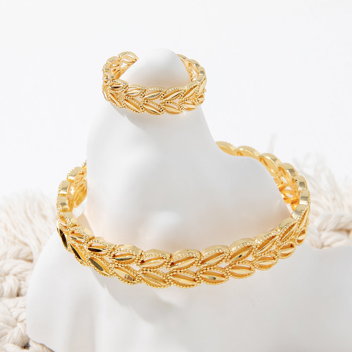 Gold Plated Wheat Ear Leaves Bracelet and Ring