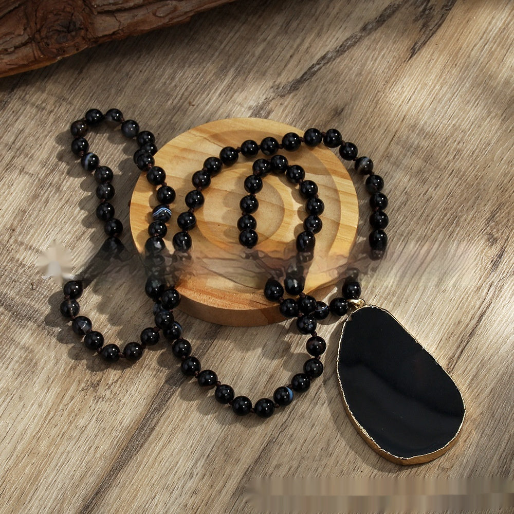 Bohemian Jewelry 8mm Natural Stone Glass Knotted Necklace Irregular Striped Agate Hanging