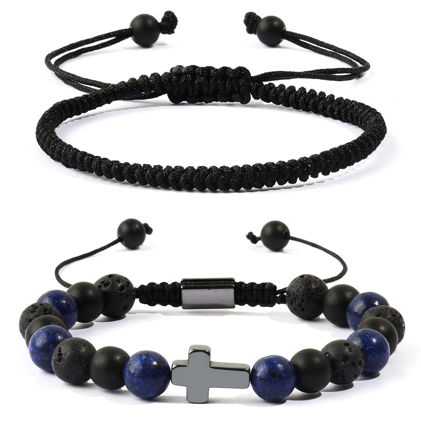 Hand-woven Cross Lapis Lazuli Black Matte Volcanic Stone Beaded Bracelet Set