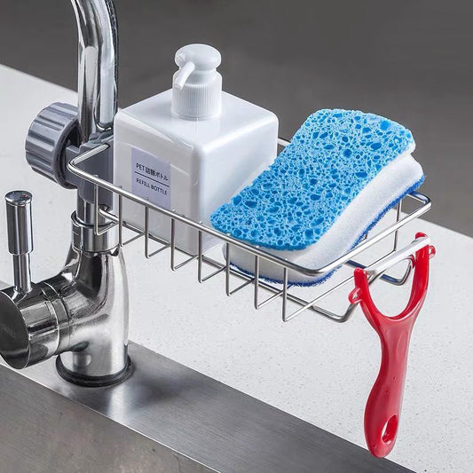 Adjustable Sink Drain Rack – Stainless Steel Faucet Sponge Holder with Clip-On Soap Drainer Shelf for Kitchen & Bathroom Organization