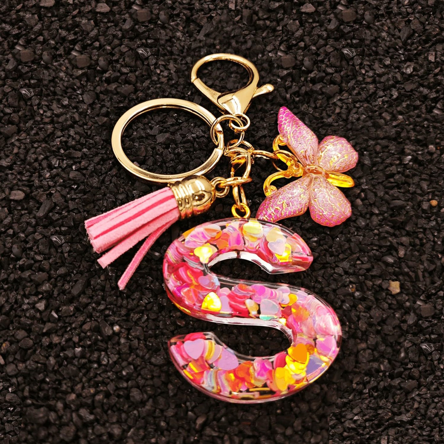 Fashion Letter Love Heart Sequins Butterfly Tassel Keychain