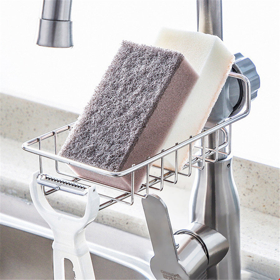 Adjustable Sink Drain Rack – Stainless Steel Faucet Sponge Holder with Clip-On Soap Drainer Shelf for Kitchen & Bathroom Organization