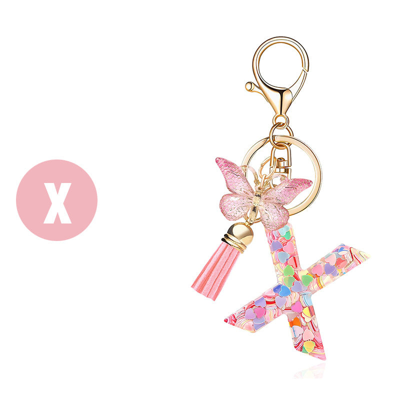 Fashion Letter Love Heart Sequins Butterfly Tassel Keychain