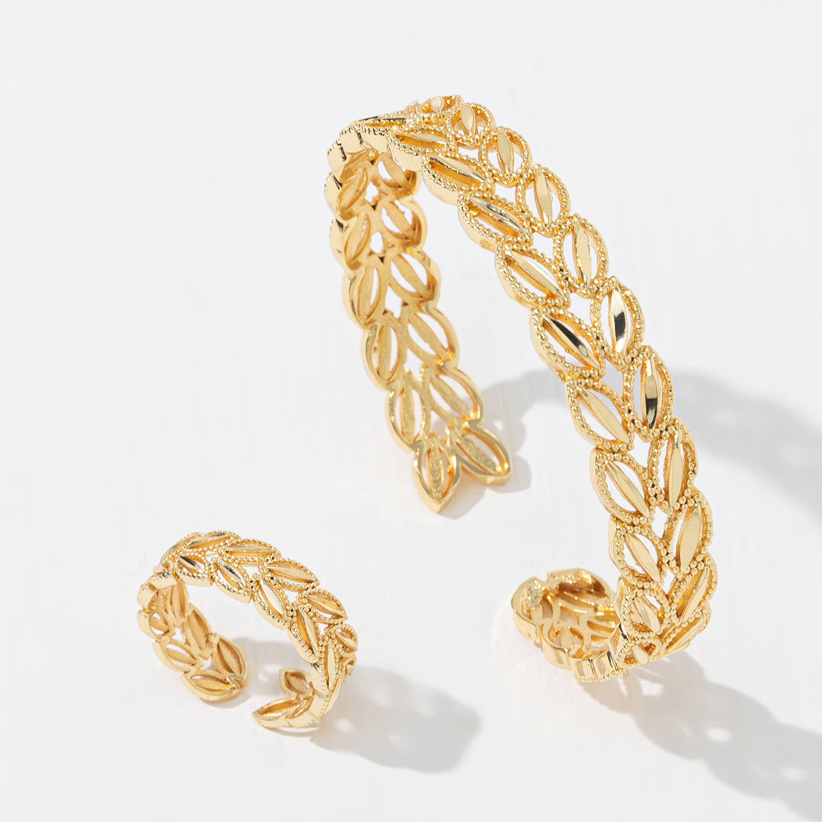 Gold Plated Wheat Ear Leaves Bracelet and Ring