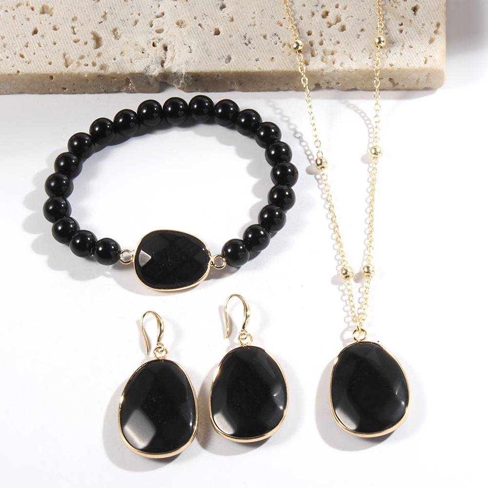 Gold Chain Necklace Natural Stone Bracelet Earrings Women's Jewelry Set