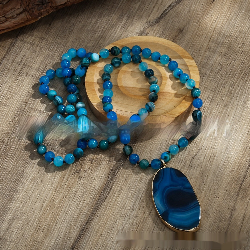 Bohemian Jewelry 8mm Natural Stone Glass Knotted Necklace Irregular Striped Agate Hanging