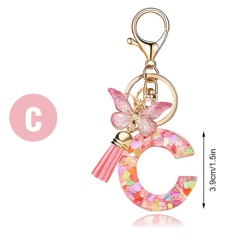 Fashion Letter Love Heart Sequins Butterfly Tassel Keychain
