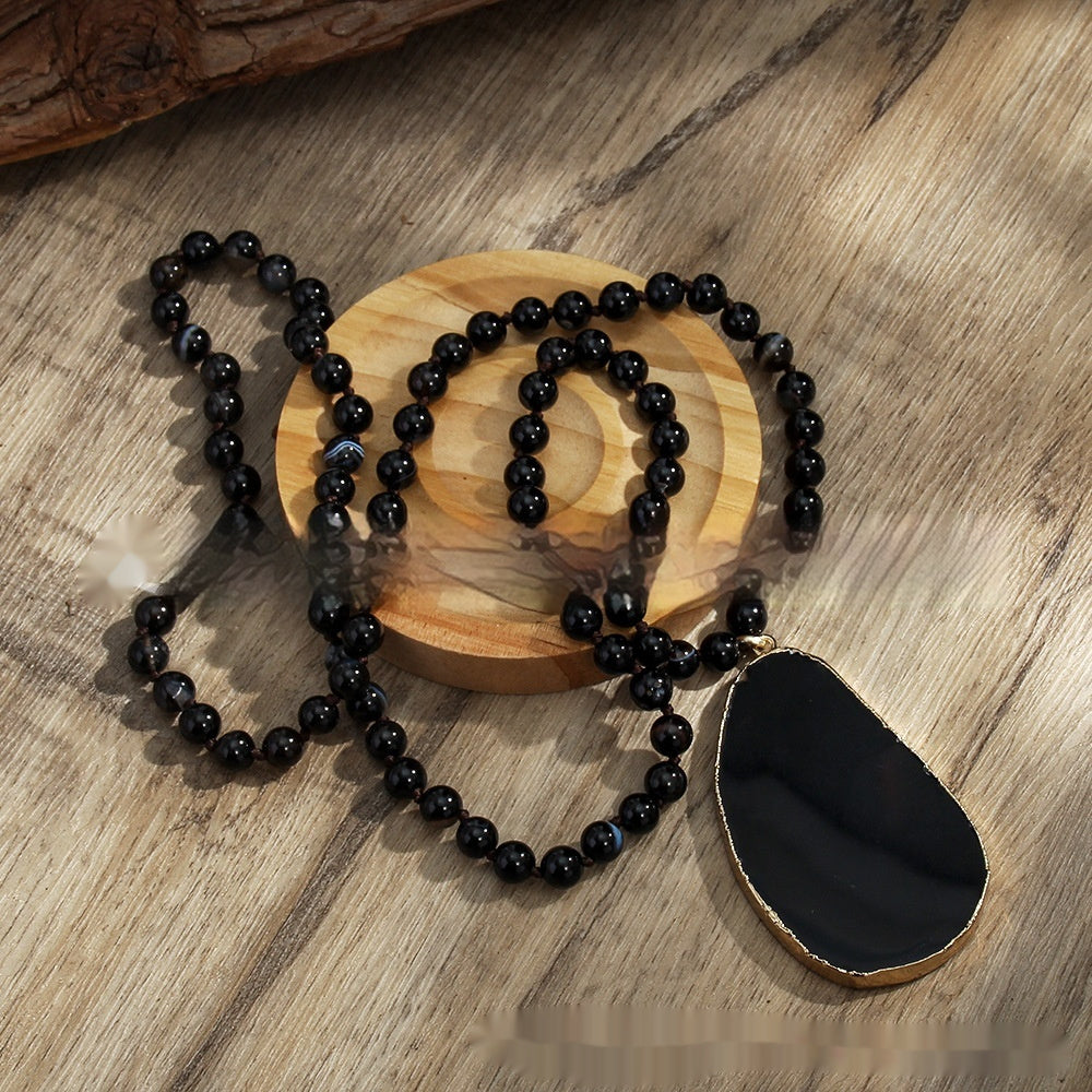 Bohemian Jewelry 8mm Natural Stone Glass Knotted Necklace Irregular Striped Agate Hanging