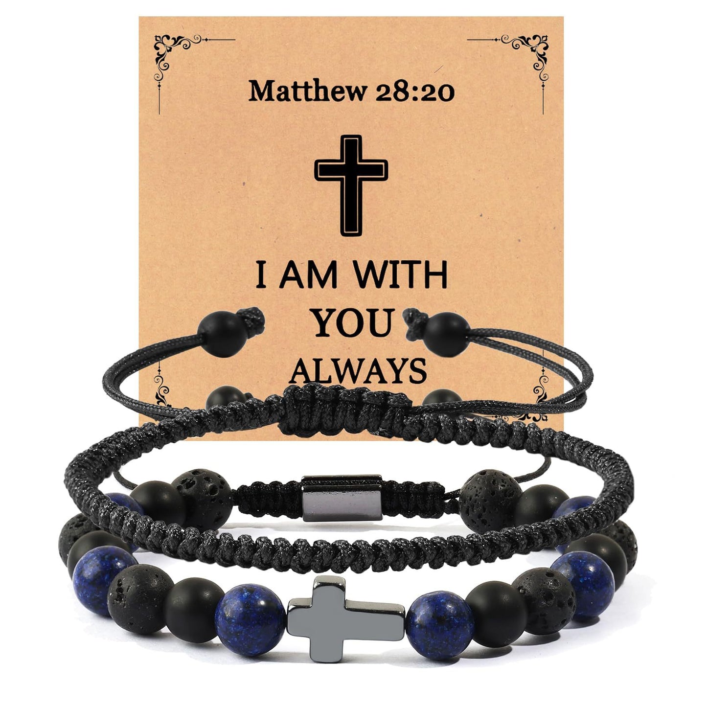 Hand-woven Cross Lapis Lazuli Black Matte Volcanic Stone Beaded Bracelet Set