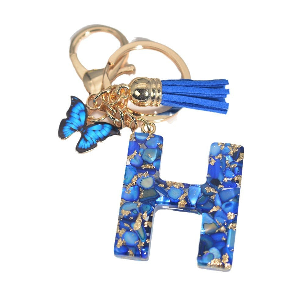 New Resin Blue Stone Letter Butterfly Tassel Letter Key Chain