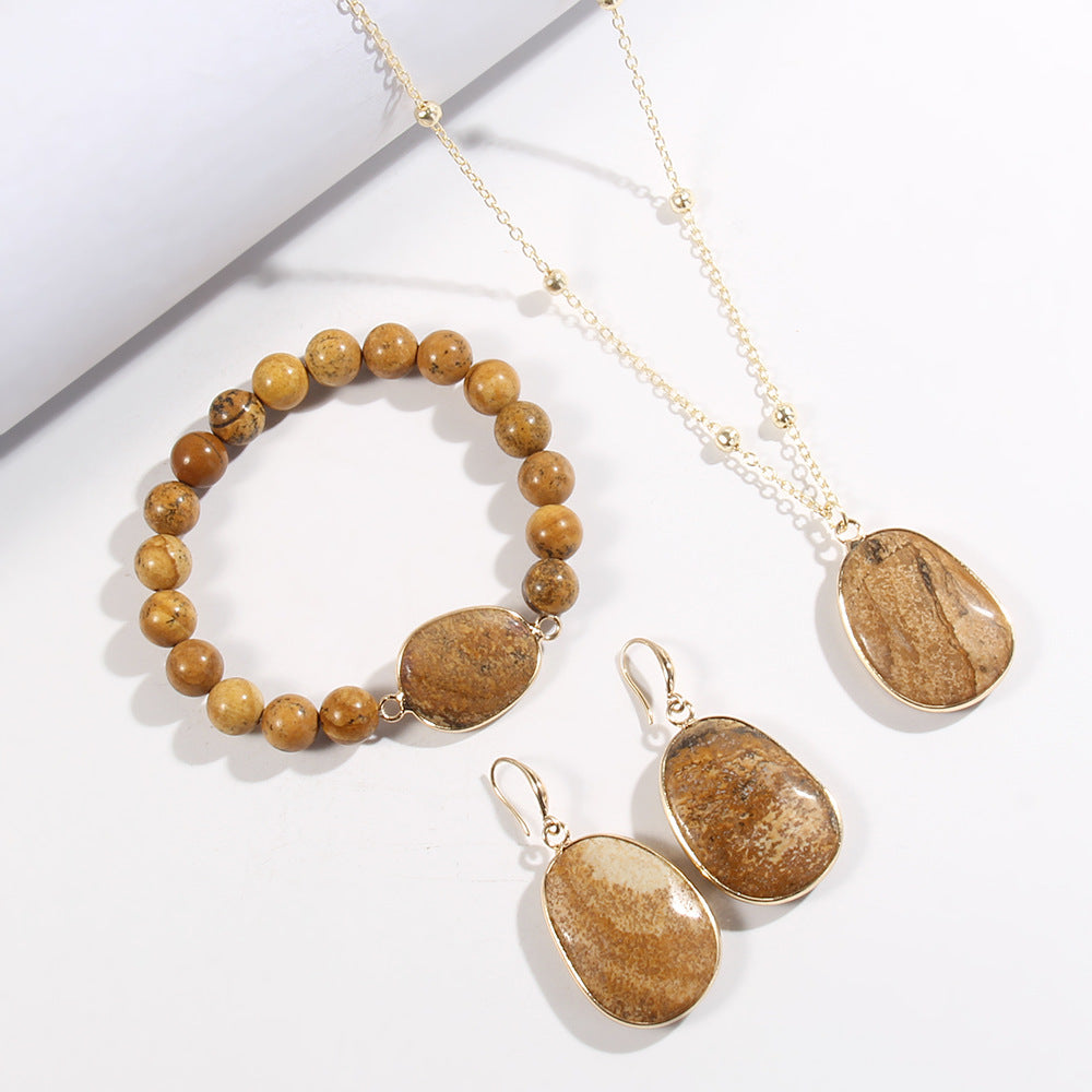 Gold Chain Necklace Natural Stone Bracelet Earrings Women's Jewelry Set