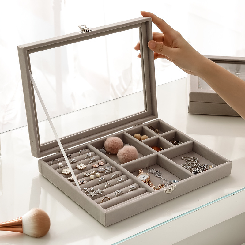 Covered ice velvet jewelry box dustproof jewelry box glass cover mixed jewelry display box