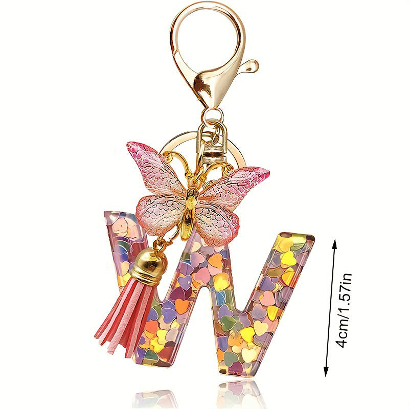 Fashion Letter Love Heart Sequins Butterfly Tassel Keychain