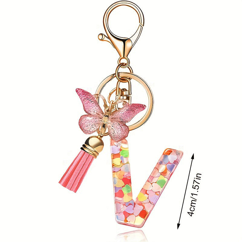 Fashion Letter Love Heart Sequins Butterfly Tassel Keychain
