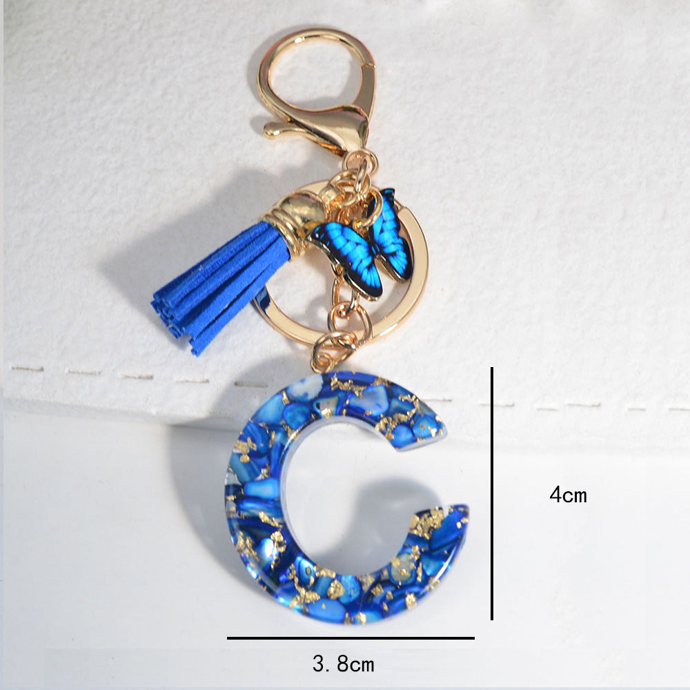 New Resin Blue Stone Letter Butterfly Tassel Letter Key Chain