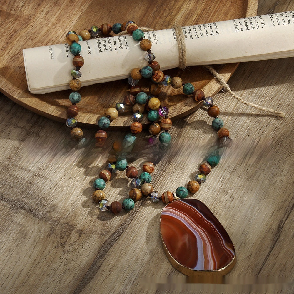 Bohemian Jewelry 8mm Natural Stone Glass Knotted Necklace Irregular Striped Agate Hanging